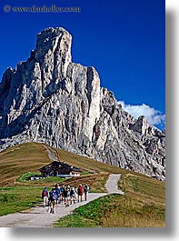 alto adige, dolomites, europe, gusela, gusela mountain, hikers, italy, mountains, passo giau, vertical, photograph