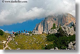 alto adige, dolomites, europe, gusela, gusela mountain, hikers, horizontal, italy, mountains, passo giau, photograph