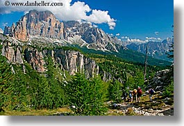 alto adige, dolomites, europe, gusela, gusela mountain, hikers, horizontal, italy, mountains, passo giau, photograph