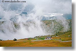 alto adige, dolomites, europe, fog, horizontal, huts, italy, passo giau, photograph