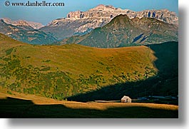 alto adige, dolomites, europe, horizontal, huts, italy, passo giau, sunrise, photograph