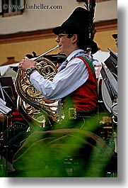 alto adige, dolomites, europe, french, horns, italy, men, people, players, vertical, photograph