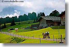 alto adige, carriage, dolomites, europe, horizontal, horses, houses, italy, rosengarten, scenics, photograph