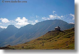 alto adige, churches, dolomites, europe, horizontal, houses, italy, mountains, rosengarten, photograph