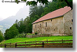 alto adige, dolomites, europe, horizontal, houses, italy, rosengarten, photograph