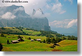 alto adige, dolomites, europe, horizontal, houses, italy, rosengarten, photograph