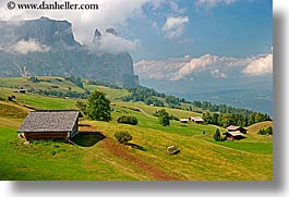 alto adige, dolomites, europe, horizontal, houses, italy, rosengarten, photograph