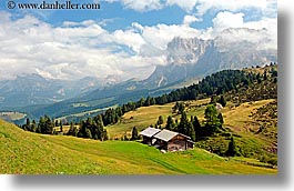 alto adige, dolomites, europe, horizontal, houses, italy, rosengarten, photograph