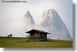 alto adige, dolomites, europe, horizontal, houses, italy, mountains, rosengarten, photograph