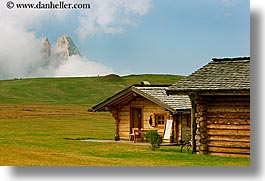 alto adige, dolomites, europe, horizontal, houses, italy, mountains, rosengarten, photograph