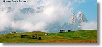 alto adige, dolomites, europe, horizontal, houses, italy, mountains, panoramic, rosengarten, photograph