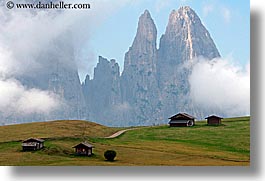 alto adige, dolomites, europe, horizontal, houses, italy, mountains, rosengarten, photograph