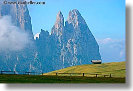 alto adige, dolomites, europe, horizontal, houses, italy, mountains, rosengarten, photograph