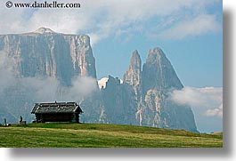 alto adige, dolomites, europe, horizontal, houses, italy, mountains, rosengarten, photograph