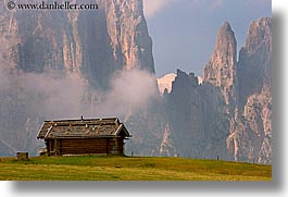 alto adige, dolomites, europe, horizontal, houses, italy, mountains, rosengarten, photograph