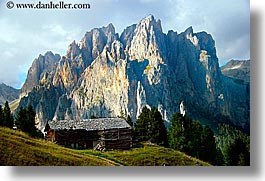 alto adige, dolomites, europe, horizontal, houses, italy, rosengarten, photograph