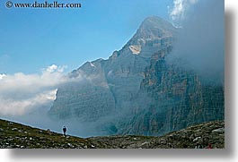 alto adige, dolomites, europe, fog, hikers, horizontal, italy, mountains, silhouettes, photograph