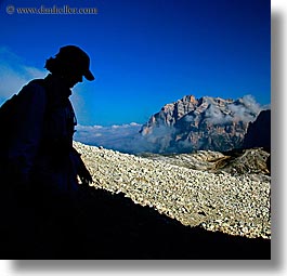 alto adige, dolomites, europe, hats, hikers, italy, mountains, silhouettes, square format, photograph