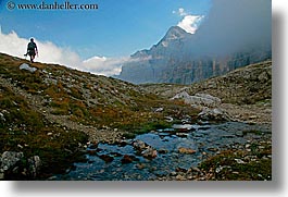 alto adige, dolomites, europe, hikers, horizontal, italy, mountains, silhouettes, stream, photograph