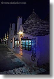 alberobello, buildings, europe, italy, nite, puglia, stores, streets, structures, towns, trullis, vertical, photograph