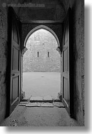 andria, black and white, castel del monte, doors, europe, interiors, italy, puglia, vertical, photograph