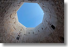 andria, castel del monte, castles, courtyard, europe, horizontal, italy, perspective, puglia, sky, upview, views, photograph