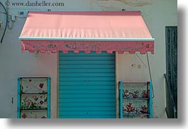 awnings, blues, doors, europe, gallipoli, horizontal, italy, pink, puglia, photograph