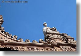 buildings, churches, europe, gallipoli, horizontal, italy, perspective, puglia, religious, roofs, st agata cathedral, statues, structures, upview, photograph