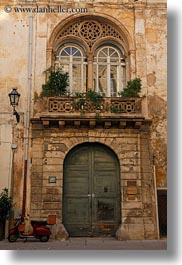 doors, europe, green, italy, lecce, moped, puglia, red, vertical, photograph
