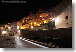 blocks, buildings, cityscapes, europe, glow, homes, horizontal, italy, lights, long exposure, matera, nite, puglia, roads, structures, towns, photograph