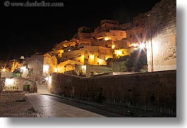 blocks, buildings, cityscapes, europe, glow, homes, horizontal, italy, lights, long exposure, matera, nite, puglia, roads, structures, towns, photograph