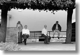 benches, black and white, europe, horizontal, italy, men, noci, old, people, puglia, sitting, photograph