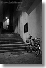 bicycles, bikes, black and white, europe, italy, nite, otranto, puglia, stairs, vertical, photograph
