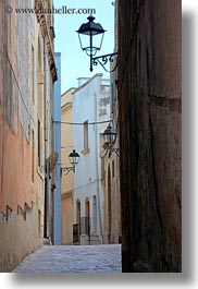 europe, italy, narrow, otranto, puglia, street lamps, streets, vertical, photograph