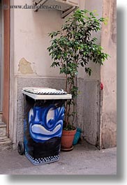 colorful, europe, italy, puglia, taranto, trashcan, trees, vertical, photograph
