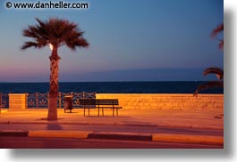 benches, dusk, europe, horizontal, italy, palms, puglia, seawall, slow exposure, sunsets, trani, trees, photograph