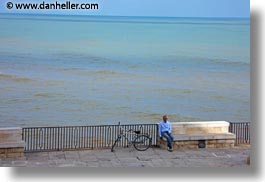 bicycles, europe, horizontal, italy, men, ocean, people, puglia, trani, photograph