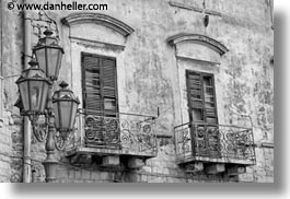 black and white, europe, horizontal, italy, lamp posts, puglia, trani, windows, photograph
