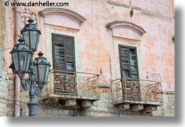 europe, horizontal, italy, lamp posts, puglia, trani, windows, photograph