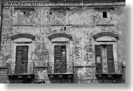 balconies, black and white, europe, horizontal, italy, puglia, trani, windows, photograph