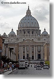 buildings, churches, domes, europe, italy, roads, rome, st peters, structures, traffic, transportation, vatican, vertical, photograph