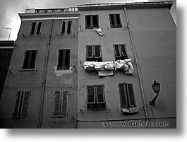 alghero, black and white, europe, horizontal, italy, laundry, sardinia, windows, photograph