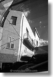 black and white, buildings, europe, italy, reflections, sardinia, towns, vertical, photograph