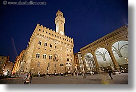 archways, buildings, clock tower, europe, florence, fortress, horizontal, italy, nite, palace, palazzio, slow exposure, tuscany, vecchio, photograph