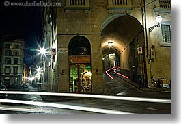 arches, cars, europe, florence, horizontal, italy, light streaks, long exposure, nite, tail lights, tuscany, photograph