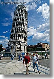 clouds, couples, europe, italy, leaning, men, pisa, tourists, towers, tuscany, vertical, womens, photograph