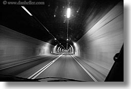black and white, blur, europe, horizontal, italy, light streaks, motion, motion blur, tunnel, tuscany, photograph