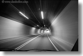 black and white, blur, europe, horizontal, italy, light streaks, motion, motion blur, slow exposure, tunnel, tuscany, photograph