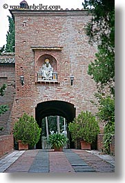 arts, bricks, driveway, europe, italy, monastery, monestaries, monte oliveto maggiore, religious, statues, tuscany, vertical, photograph