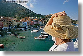 boats, europe, harbor, hats, horizontal, isola giglio, italy, ocean, towns, tuscany, womens, photograph